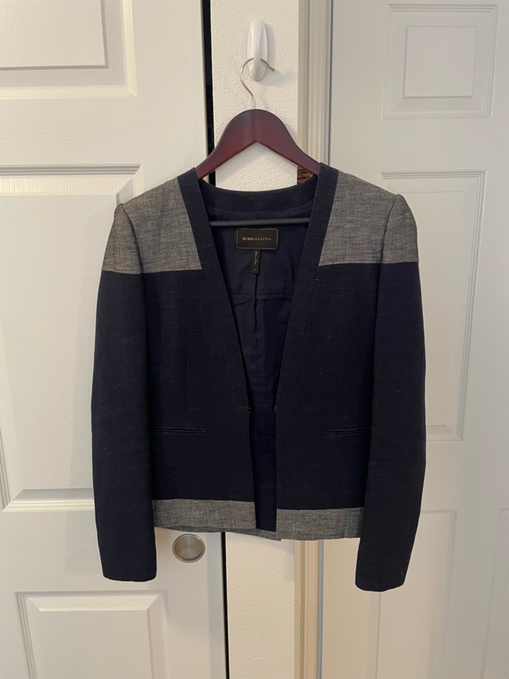 BCBGMaxAzria Navy and Gray Open-Front Colorblock Blazer